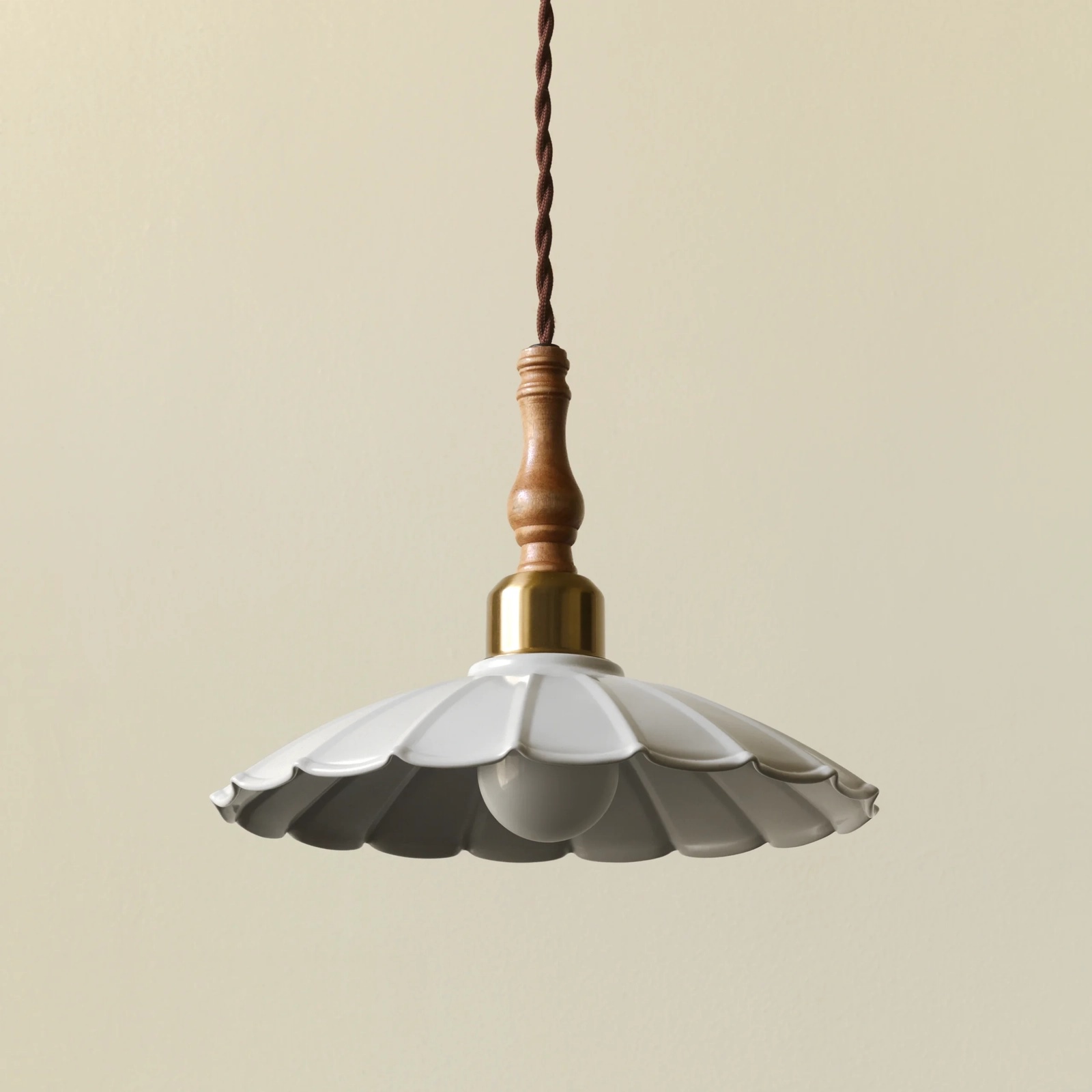 Vintage 3-Color Dimmable Ceiling Lamp – White Scalloped Fabric Shade With Brass & Wood Accents, E26 7.9" Semi-Flush Mount For Bedroom/Hallway